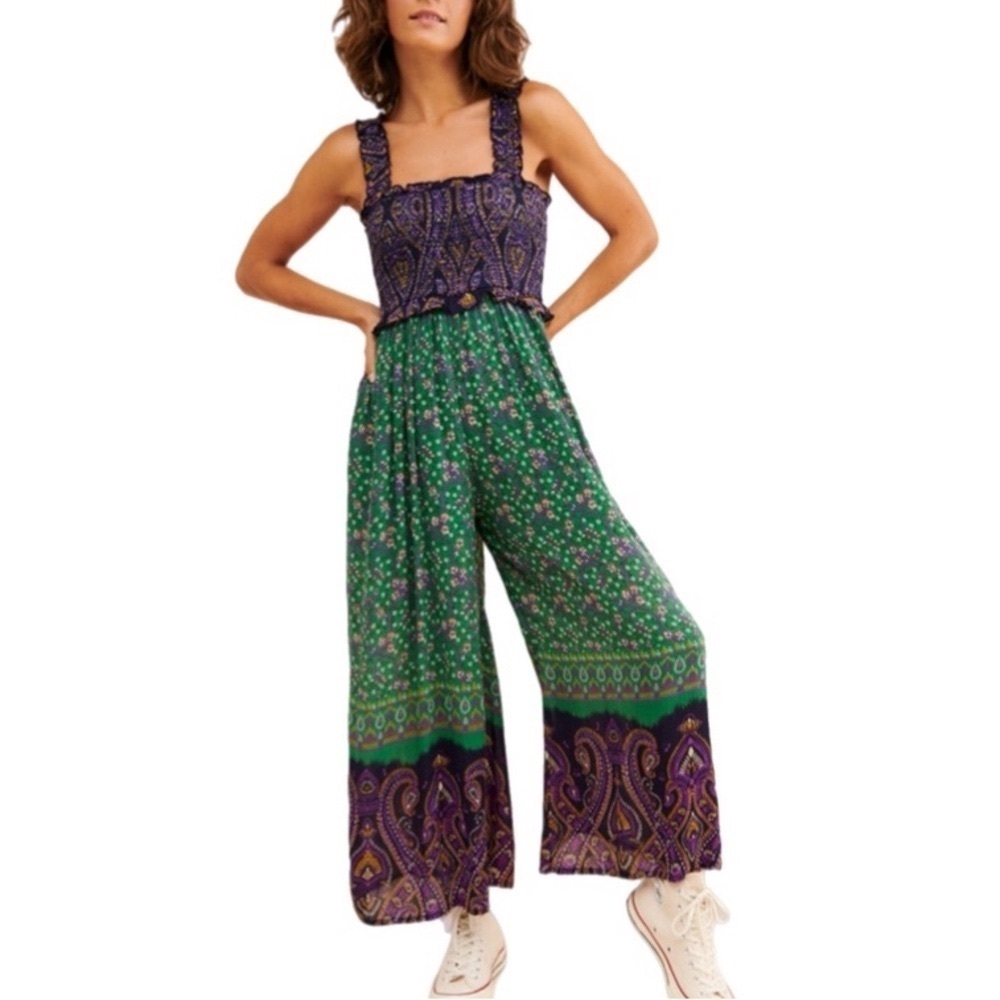 Urban Outfitters Green & Purple Boho Wide-Leg Smocked Jumpsuit